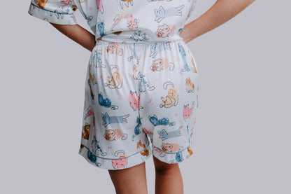 TZ38 Lovely Cats Satin Pajamas Shorts Set